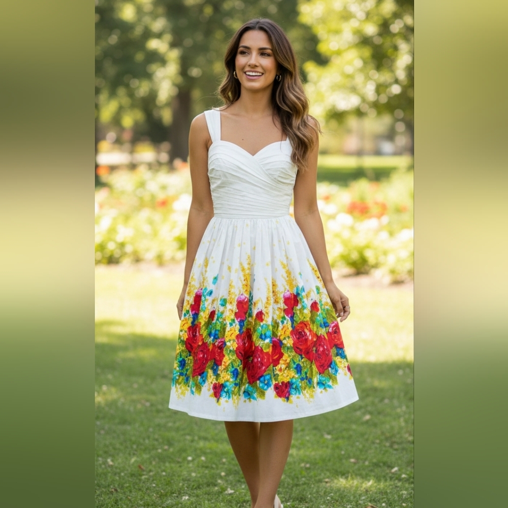 Maggy London Floral Fit & Flare Midi Dress White Multicolor Size 6 Ruching Retro